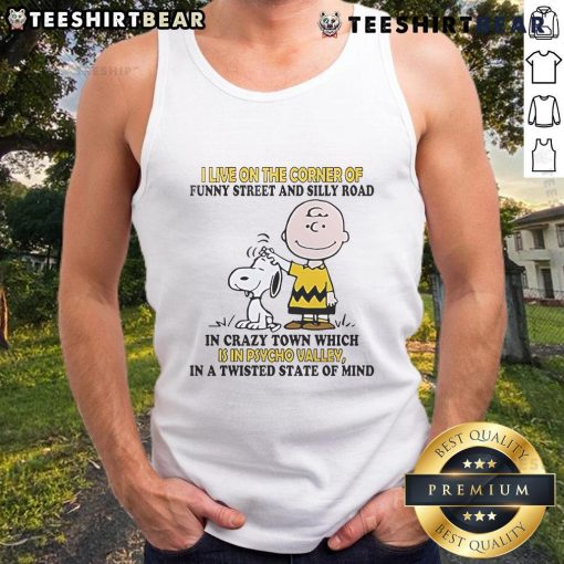 Good Snoopy and Charlie Brown tank top featuring 'I Live on the Corner of Funny Street and Silly Road' design.