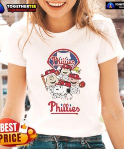 Good Snoopy and friend cartoon on Philadelphia Phillies baseball ladies tee, perfect for fans and casual wear.