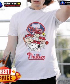 Good Snoopy and friend cartoon on a Philadelphia Phillies baseball T-shirt, perfect for fans and collectors.