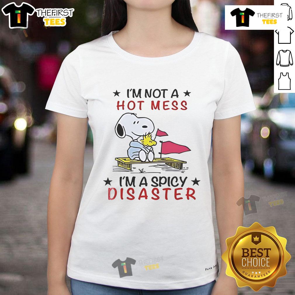 Good Snoopy And Woodstock I'M Not A Hot Mess I'M A Spicy Disaster Ladies Tee Alt Text: Good Snoopy and Woodstock graphic on a ladies tee, featuring 'I'm Not a Hot Mess, I'm a Spicy Disaster' slogan.
