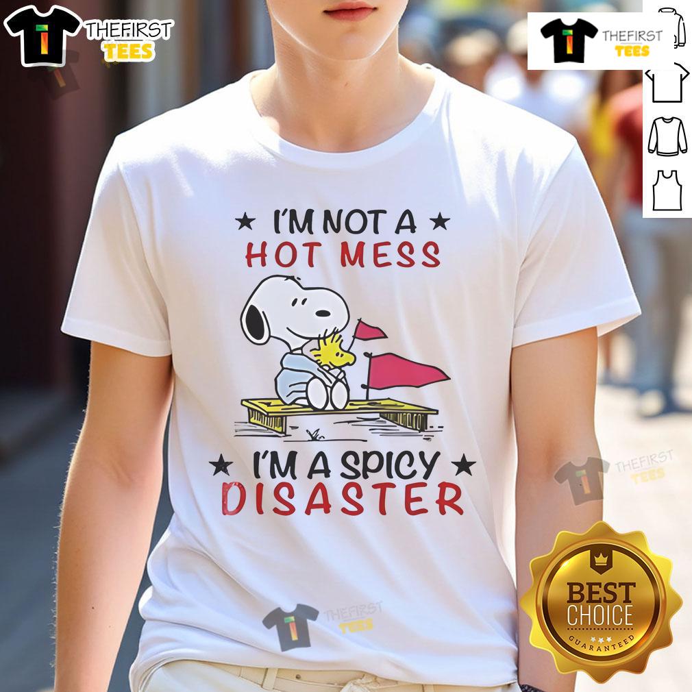 Good Snoopy And Woodstock I'M Not A Hot Mess I'M A Spicy Disaster T Shirt Alt Text: Good Snoopy and Woodstock graphic t-shirt with 'I'm Not A Hot Mess I'm A Spicy Disaster' slogan for fun casual wear.