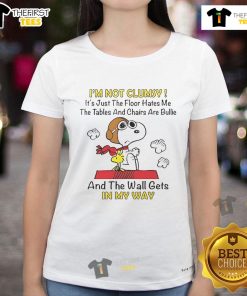 Good Snoopy and Woodstock tee with 'I'm Not Clumsy, It's Just The Floor Hates Me' quote for ladies' casual wear.