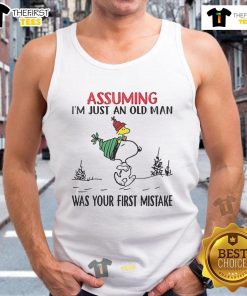 Good Snoopy tank top featuring the quote 'Assuming Im just an old man was your first mistake' in vibrant colors.