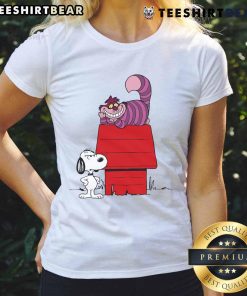 Good Snoopy X Cheshire Cat An Unwelcome Visitor Ladies Tee featuring playful graphics of Snoopy and Cheshire Cat.