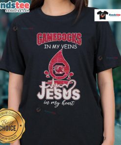 Alt Text: Good South Carolina Gamecocks in My Veins Jesus in My Heart ladies tee featuring vibrant graphics and comfortable fit.