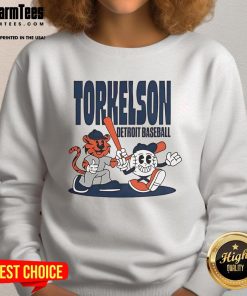 Spencer Torkelson cartoon sweatshirt featuring Detroit Tigers logo, perfect for mid-summer baseball fans and style.