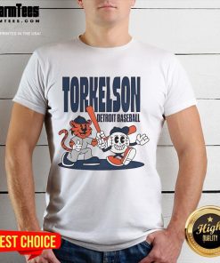 Spencer Torkelson cartoon t-shirt featuring the Detroit Tigers logo, perfect for summer baseball fans.