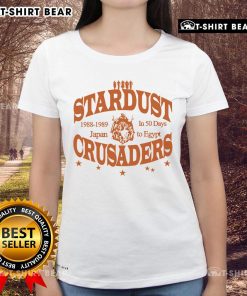 Good Stardust Crusaders 1988-1989 Japan Ladies Tee featuring iconic anime graphics from 50 Days to Egypt.