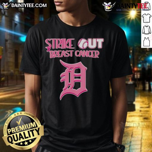 Alt Text: Good Strike Out Breast Cancer Detroit Tigers T-Shirt featuring pink ribbon and team logo, promoting cancer awareness.