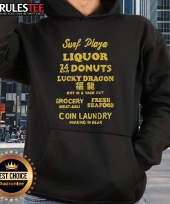 Good Surf Plaza with liquor, donuts, Lucky Dragon eat-in, take-out, coin laundry, and parking in rear hoodie.