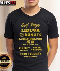 Good Surf Plaza Liquor and Donuts T-Shirt featuring Lucky Dragon, with eat-in and take-out options, plus rear parking.