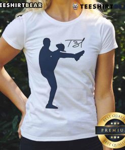 Silhouette of a baseball player in action on a signature ladies tee featuring Good Tarik Skubal design.