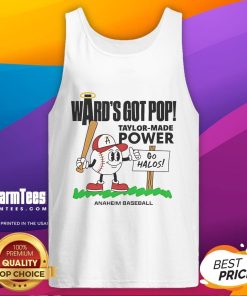 Taylor Ward of the Los Angeles Angels wearing a 'Wards Got Pop' tank top during a summer baseball game.