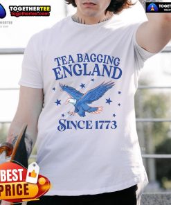 Alt Text: Patriotic eagle T-shirt featuring 'Good Tea Bagging England Since 1773' slogan, perfect for tea lovers and England fans.