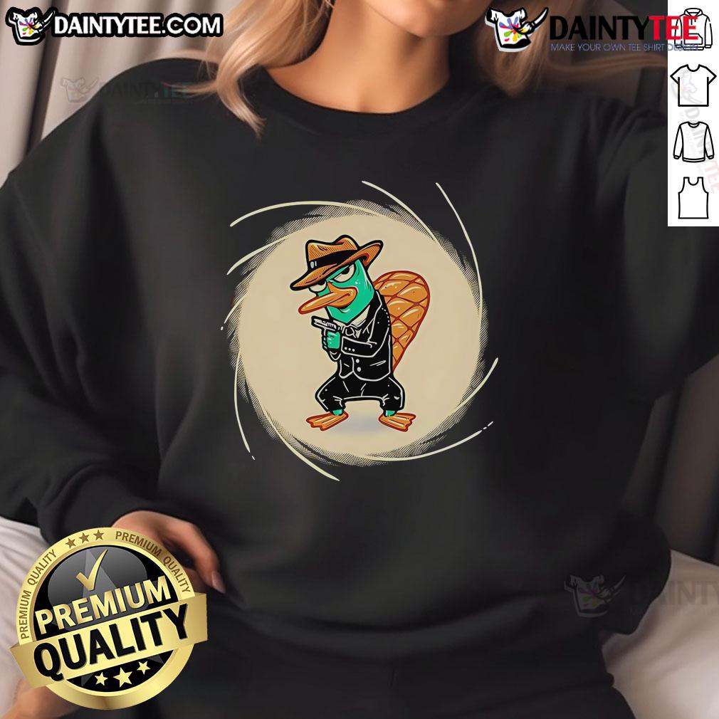 Good The Spy With The Golden Tail Platypus Sweatshirt Alt Text: Good The Spy with the Golden Tail platypus sweatshirt featuring a colorful design and cozy fit for fans.