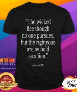 Proverbs T-Shirt featuring the quote 'The Wicked Flee Though No One Pursues But The Righteous Are Bold As A Lion'.