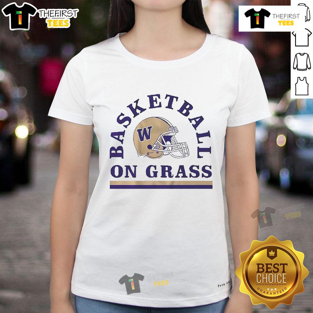 Good Washington Huskies Football Basketball On Grass Helmet Ladies Tee Alt Text: Ladies tee featuring Washington Huskies football and basketball helmet design on grass background, perfect for fans.