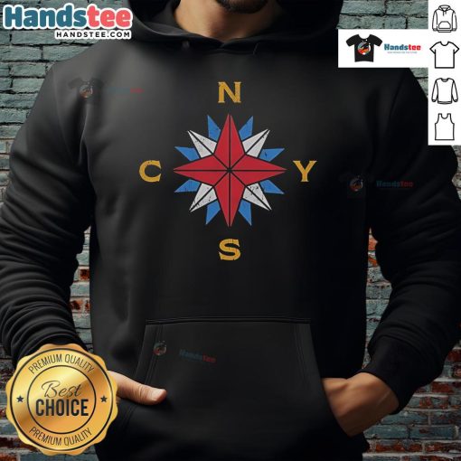 Happy Crosby Stills Nash Young wearing a stylish Compass hoodie, showcasing a vibrant design and joyful expression.