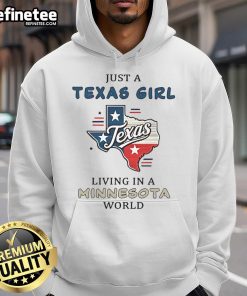 Happy Texas girl wearing a cozy Minnesota-themed hoodie, showcasing a blend of Southern charm and Northern style.
