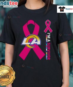 Happy Los Angeles Rams X Cancer Awareness 'I'm A Survivor' ladies tee showcasing team spirit and support for cancer survivors.