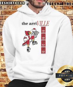 Happy Louisville Cardinals fan wearing The Arri Ville hoodie, showcasing team spirit and vibrant colors.