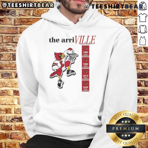Happy Louisville Cardinals fan wearing The Arri Ville hoodie, showcasing team spirit and vibrant colors.