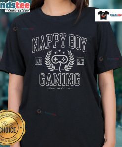 Happy boy gaming in a NBG Collegiate Ladies Tee, showcasing a fun and vibrant gaming lifestyle.