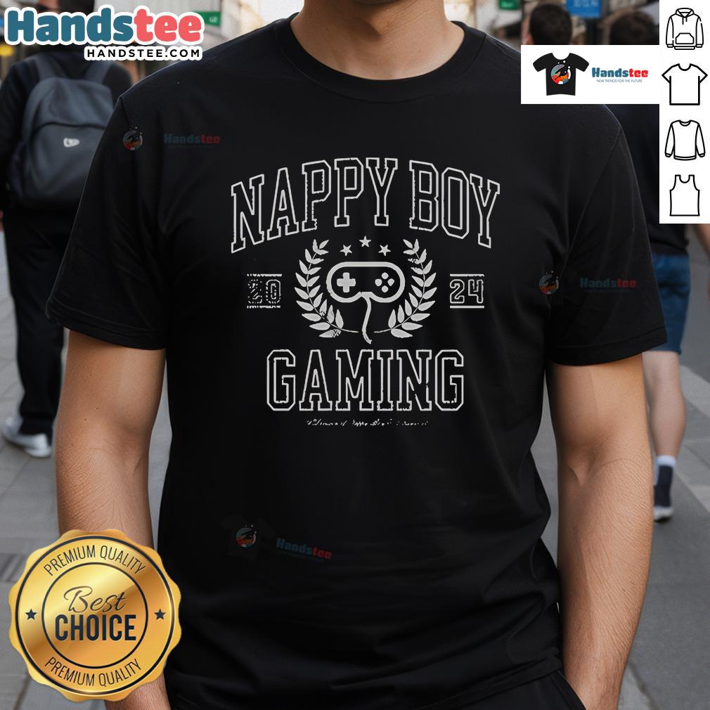 Happy Nappy Boy Gaming Nbg Collegiate T Shirt Happy boy wearing a Nbg Collegiate T-Shirt, enjoying gaming with a big smile, showcasing fun and comfort.