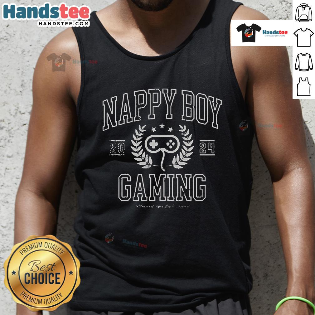 Happy Nappy Boy Gaming Nbg Collegiate Tank Top Happy boy wearing NBG Collegiate tank top while gaming, showcasing vibrant style and comfort for young gamers.