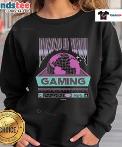 Happy boy wearing a 'Happy Nappy Boy Gaming Worldwide' sweatshirt, smiling while playing video games.