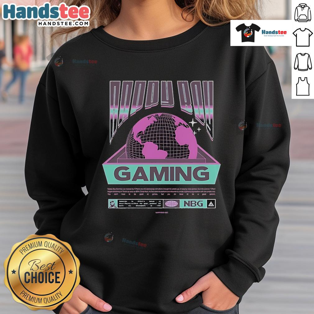 Happy Nappy Boy Gaming Worldwide Sweatshirt Happy boy wearing a 'Happy Nappy Boy Gaming Worldwide' sweatshirt, smiling while playing video games.