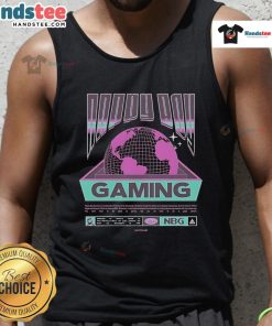 Happy boy wearing a 'Gaming Worldwide' tank top, smiling while playing video games at home.