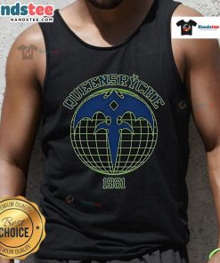 Happy Queensryche Athletic Globe 1981 tank top featuring vibrant design, perfect for fans of classic rock apparel.