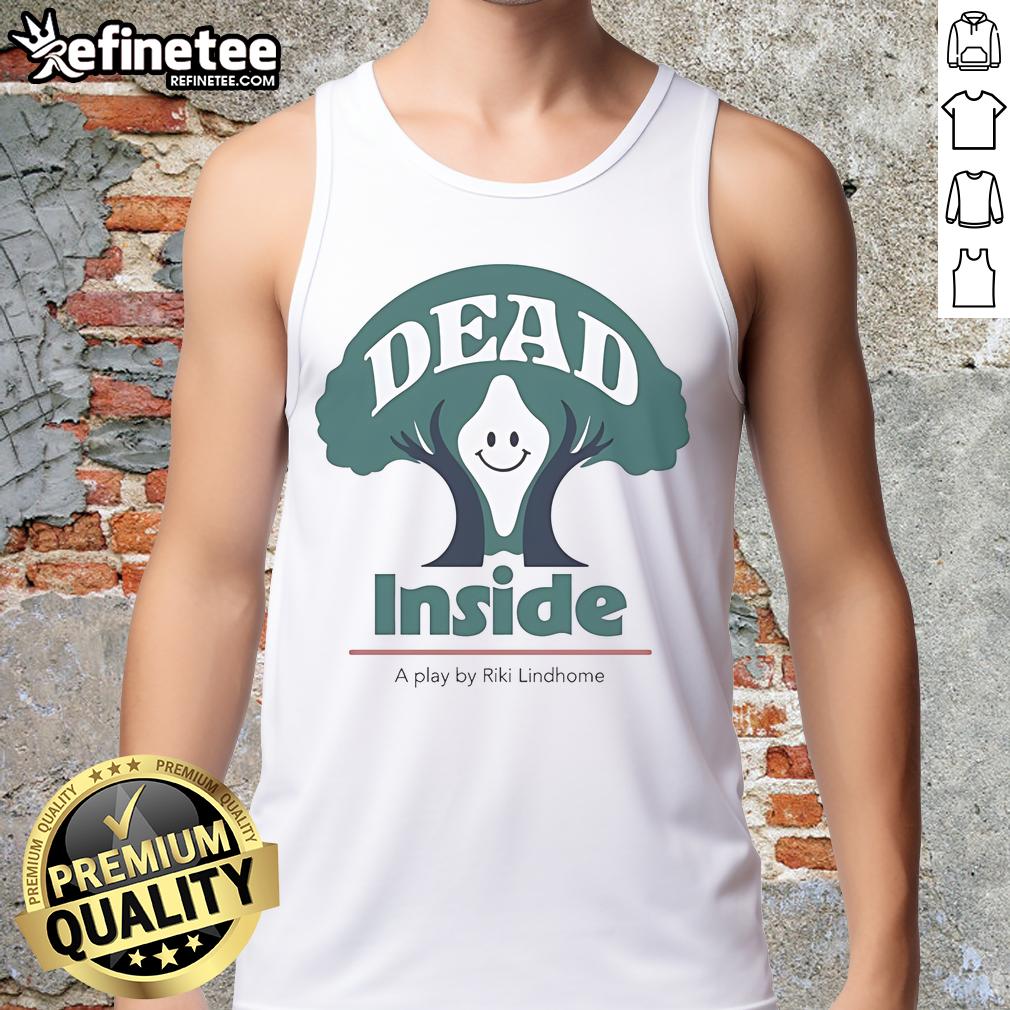 Happy Riki Lindhome Dead Inside A Play Tank Top Riki Lindhome in a playful 'Dead Inside' tank top, smiling happily on stage during a performance.