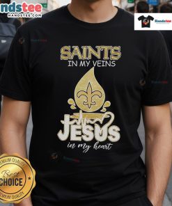 Alt Text: Happy Saints In My Veins Jesus In My Heart T-Shirt featuring a vibrant design with religious symbols and heartfelt messages.