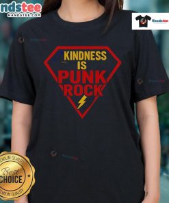 Happy Superman logo on a 'Kindness is Punk Rock' ladies tee, promoting positivity and style in fashion.