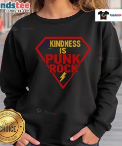Happy Superman logo on 'Kindness is Punk Rock' sweatshirt, showcasing a bold statement in stylish, casual wear.