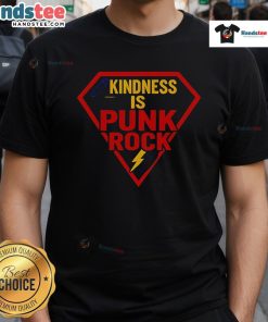 Happy Superman logo on a 'Kindness Is Punk Rock' T-shirt, promoting kindness with a fun and bold design.