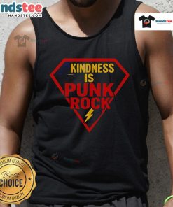 Happy Superman logo on a 'Kindness is Punk Rock' tank top, showcasing a fun and vibrant design for casual wear.