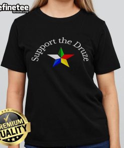 Alt Text: Happy Support the Druze Traditional Flag Star Ladies Tee featuring a colorful Druze flag design on a stylish shirt.