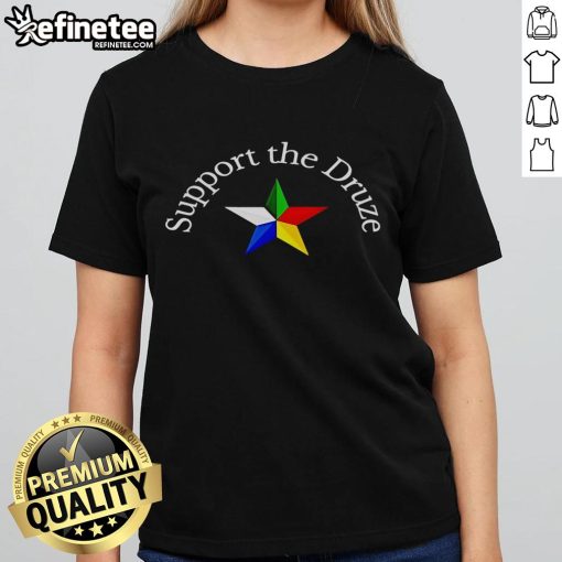 Alt Text: Happy Support the Druze Traditional Flag Star Ladies Tee featuring a colorful Druze flag design on a stylish shirt.