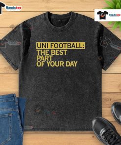Happy Uni Football washed t-shirt showcasing vibrant design, perfect for celebrating the best part of your day.