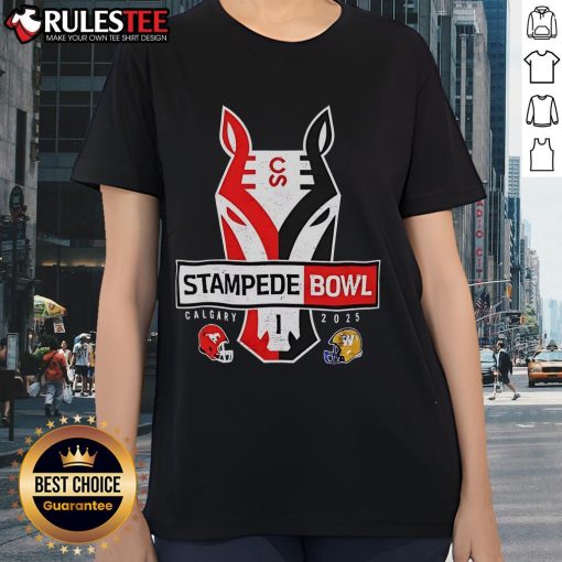 Hot Calgary Stampeders Stampede Bowl 2025 Ladies Tee showcases vibrant design and team spirit for fans.