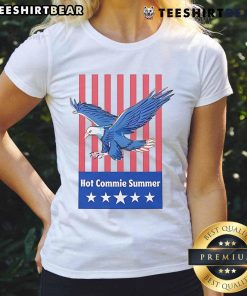 Hot Commie Summer Eagle Ladies Tee featuring a stylish eagle graphic on a vibrant summer-themed shirt for women.