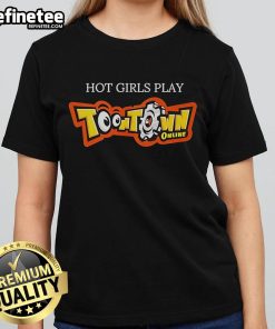 Alt Text: Hot girl wearing a stylish Toontown Online ladies tee, showcasing vibrant colors and playful design.