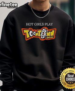 Stylish hot girl wearing a Toontown Online sweatshirt, showcasing vibrant colors and a trendy casual look.