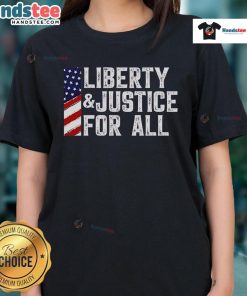 Alt Text: Hot Liberty and Justice for All Print on US Flag Ladies Tee, perfect for patriotic events and casual wear.
