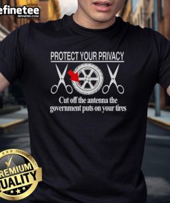 Hot Protect Your Privacy Cut Off The Antenna T-Shirt featuring a bold graphic against a black background for privacy advocates.