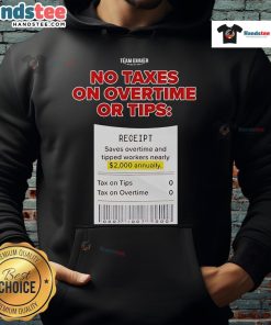 Hot Trump hoodie featuring 'No Taxes on Overtime or Tips' slogan, perfect for political statement and casual wear.