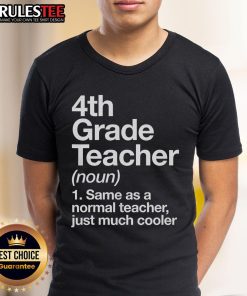 Alt Text: Cool 4th grade teacher t-shirt design featuring fun text: 'Same As A Normal Teacher Just Much Cooler'.